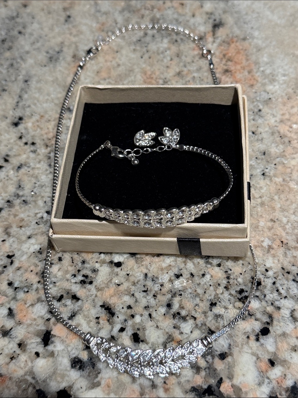 Silver Crystal Leaf Tennis Bracelet, earrings and Necklace Set - Women's Jewelry